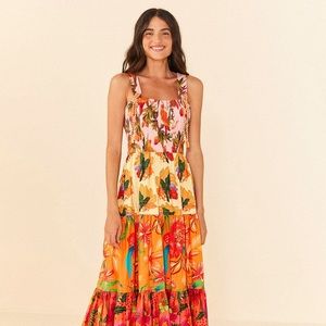 Farm Rio Mixed Warm Prints Organic Cotton Maxi Dress NWT